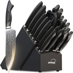 Amorston 22 Pieces Knife Set, Laser Engraved High Carbon Stainless Steel Knife Block Set, Full Tang Professional Kitchen Knife Set with Built-in Sharpener, Mothers Day Gifts for Kitchen