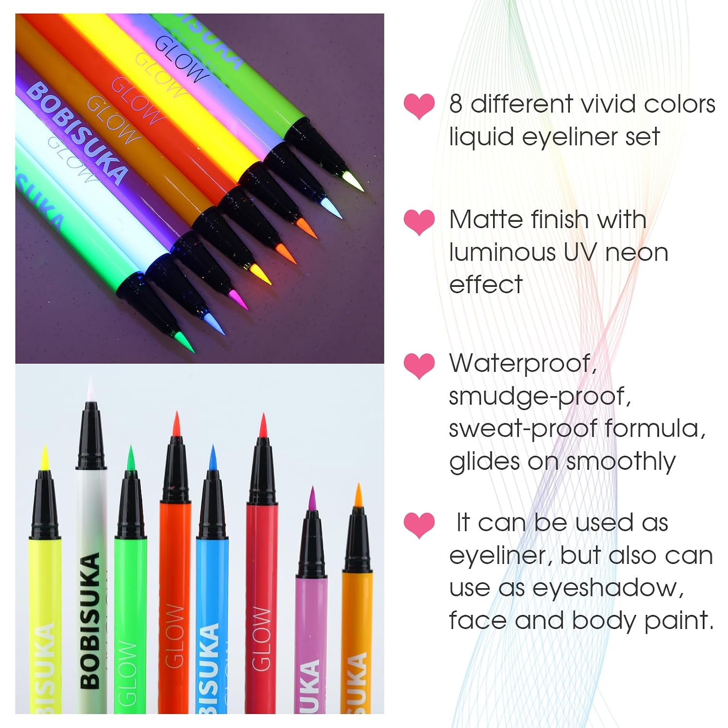 Bobisuka 8 Colors Uv Neon Liquid Eyeliner Set, Matte Colored Eyeliners Pen, Colorful Waterproof Smudge-Proof Pigmented Graphic Liners, Delineadores De Colores Para Ojos Eye Makeup Gift Kit