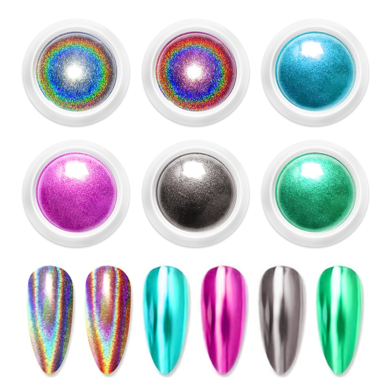 Chrome Nail Powder 6 Boxes Metallic Mirror Effect Nail Art Powder, Holographic Pigment Glitter Dust for Gel Polish Manicure Decoration with 6 Eyeshadow Sticks