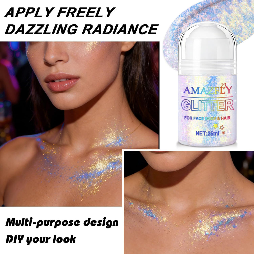 Roll-on Body Glitter Gel Holographic for Face and Hair,Body Glitter Gel Makeup for Kids Women,Body Shimmer Christmas Makeup for Rave Party.(Neon Gold)