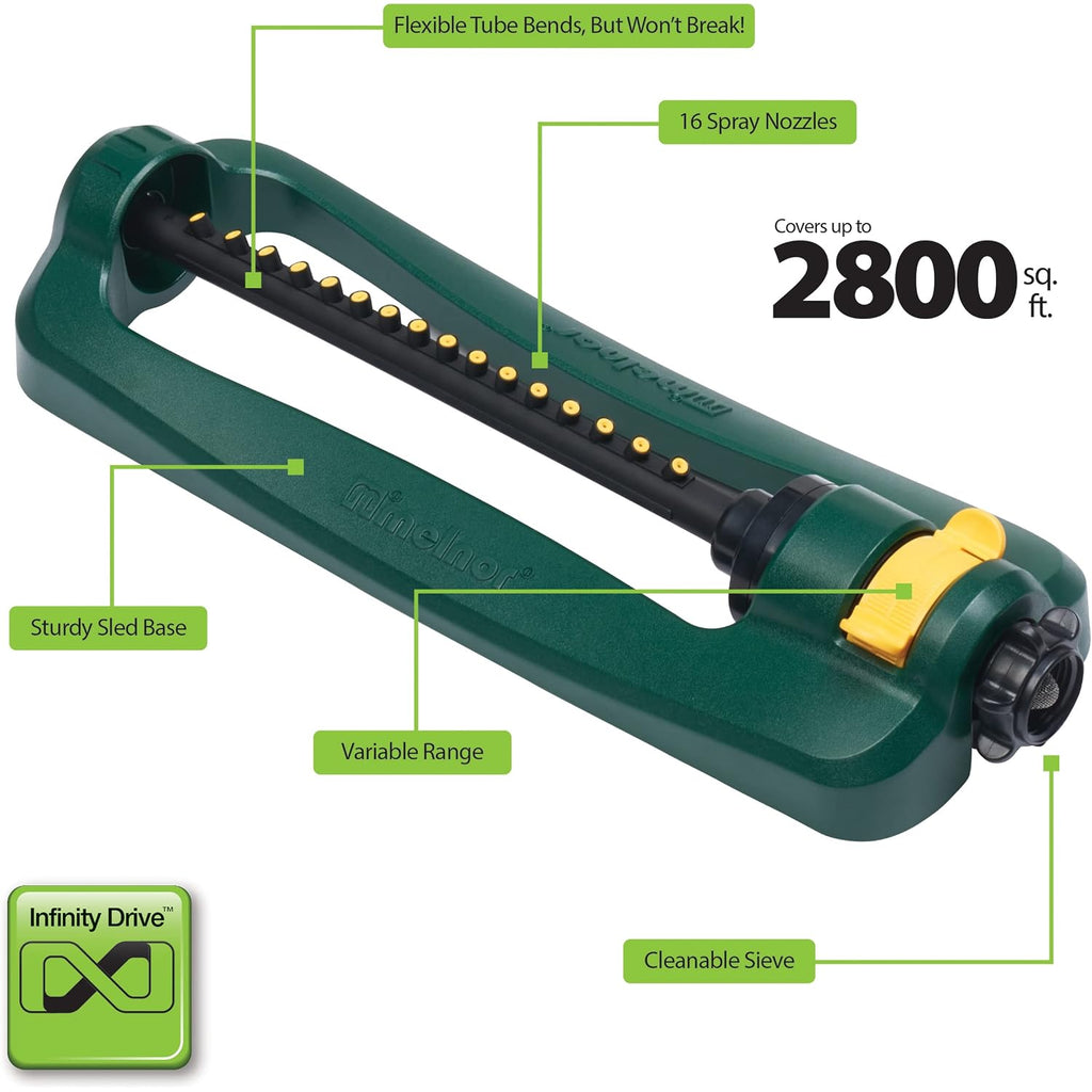 Melnor 65148Amz Turbo Oscillating Sprinkler, Covers Up To 2,800 Sq. Ft., Adjustable Watering Range, Infinitydrive Turbo Motor, Quick Connect Bundle, Green, Yellow