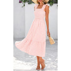 Prettygarden Womens Summer Dress Casual Square Neck Ruffle Strap Gingham Smocked Midi Flowy A Line Beach Vacation Sun Dresses