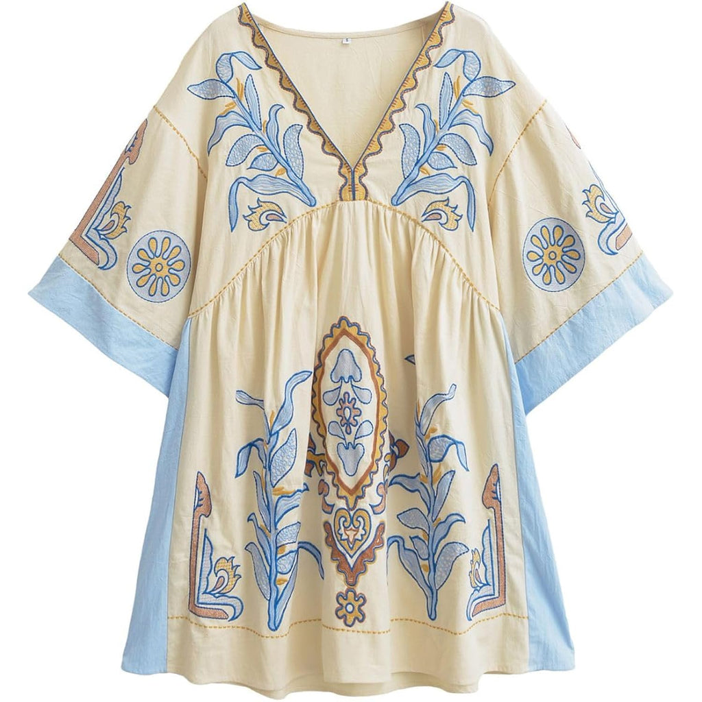 Joiemont Womens Oversized Embroidered Dress With V-Neck And 3/4 Sleeves Vintage Embroidery Babydoll Dress