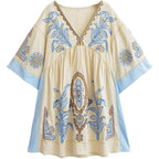 Joiemont Womens Oversized Embroidered Dress With V-Neck And 3/4 Sleeves Vintage Embroidery Babydoll Dress