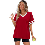 Womens T Shirts Loose Fit Short Sleeve Tees V Neck Color Block Summer Tops 2026 Fashion S-4XL