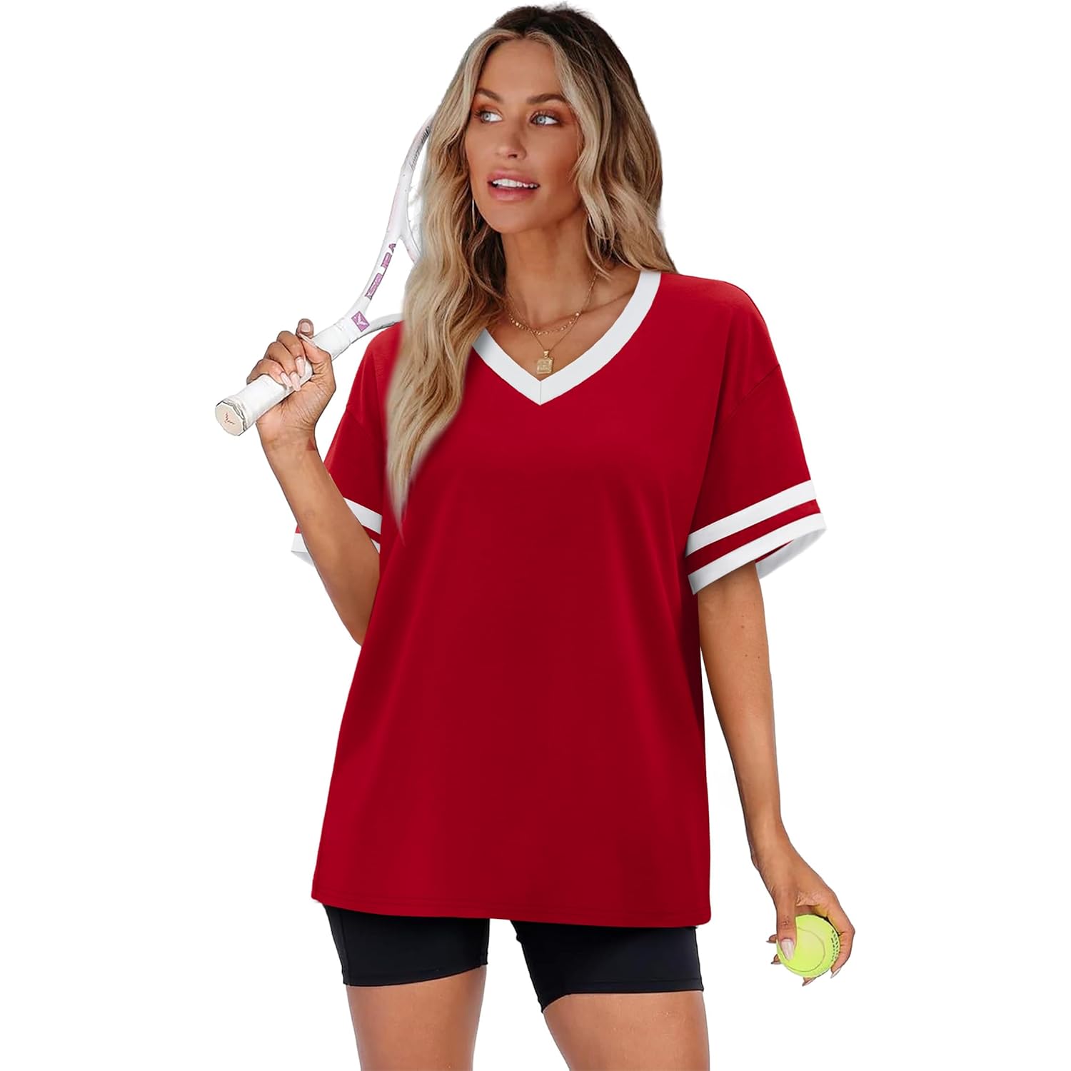 Womens T Shirts Loose Fit Short Sleeve Tees V Neck Color Block Summer Tops 2026 Fashion S-4XL