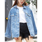 Women'S Oversized Mid Long Denim Jacket Jean Biker Coat