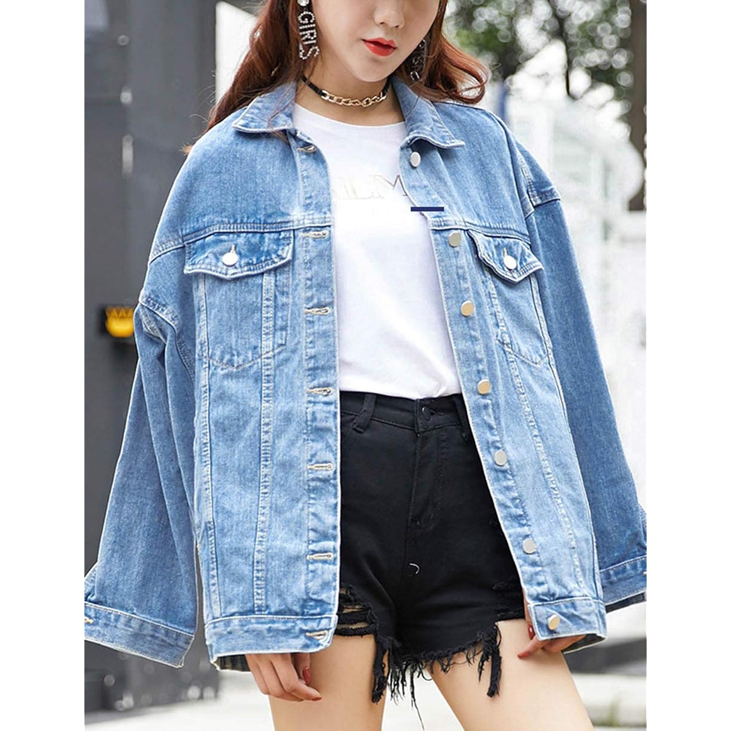 Women'S Oversized Mid Long Denim Jacket Jean Biker Coat