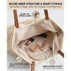 Crochet Beach Bags For Women, Reinforced Strap Woven Tote Bag With Zipper, Lined Boho Summer Vacation Travel Purse