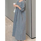 Chouyatou Women'S Casual Gingham Loose-Fit Swing Dress Cotton Lantern Puff Sleeve Plaid Midi Long Dress