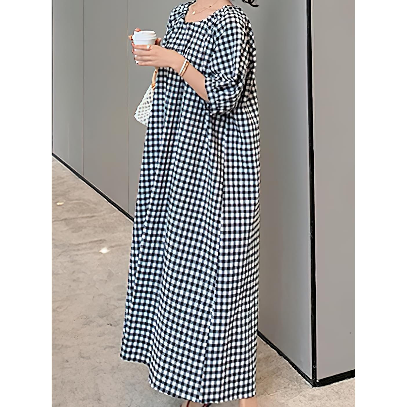 Chouyatou Women'S Casual Gingham Loose-Fit Swing Dress Cotton Lantern Puff Sleeve Plaid Midi Long Dress