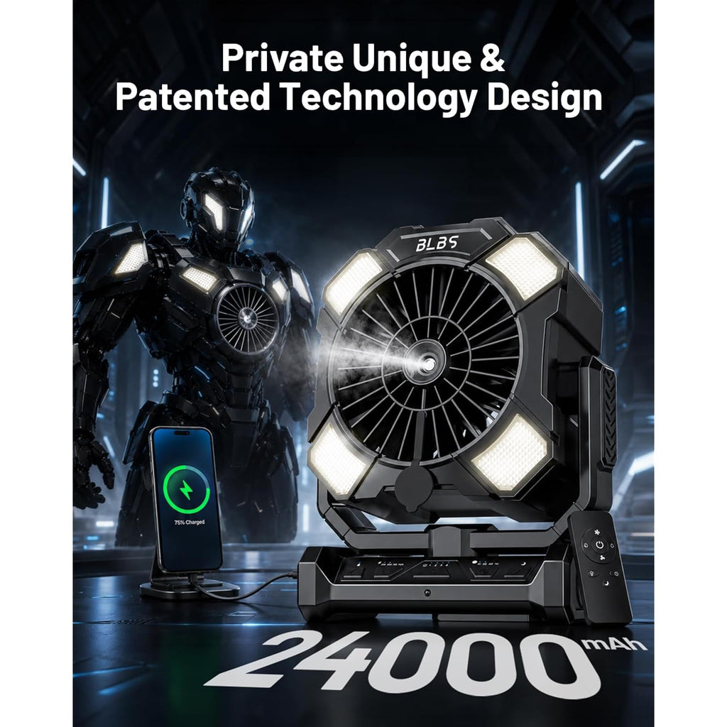 Misting Fan, Portable Camping Fan With 11Oz Water Tank, 160Min Misting, 24000Mah Battery Powered Fans With 4 Speeds, 4 Timers, Light & Hook, Must-Have For Camping, Fishing, Beach & Hiking