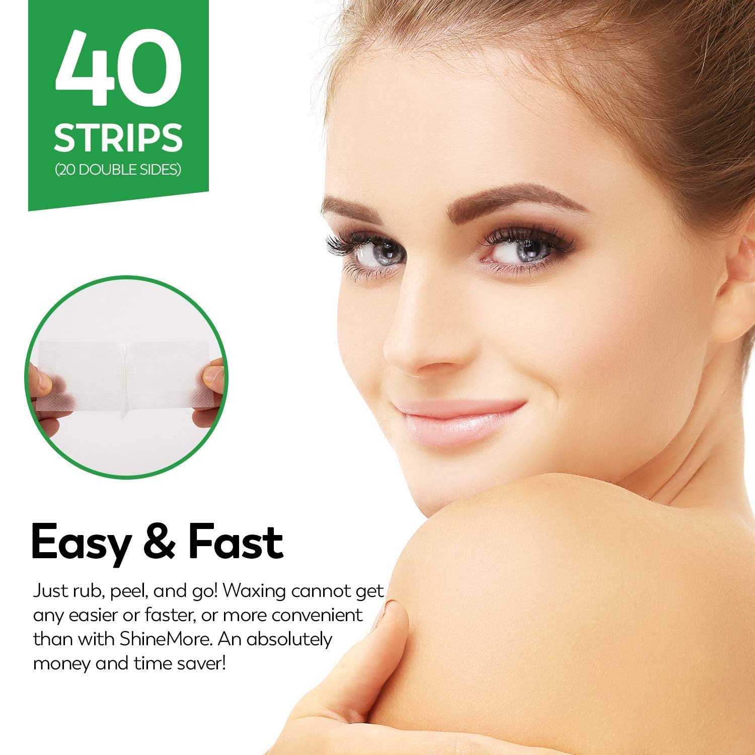 ShineMore Facial Wax Strips for Hair Removal - Hypoallergenic for All Skin Types - Gentle and Fast-Working for Face, Eyebrow, Upper Lip, and Chin (40 Strips + 4 Calming Oil Wipes NATURE Ingredients)
