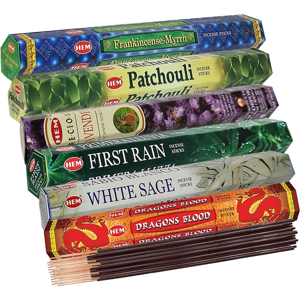 Hem Incense Sticks Variety Pack #23-120 Insence-Sticks (6 Incents X 20 Insense) + Incense Stick Holder With 6 Most Liked Scents Including Patchouli Dragons Blood White Sage Frankincense-Myrrh