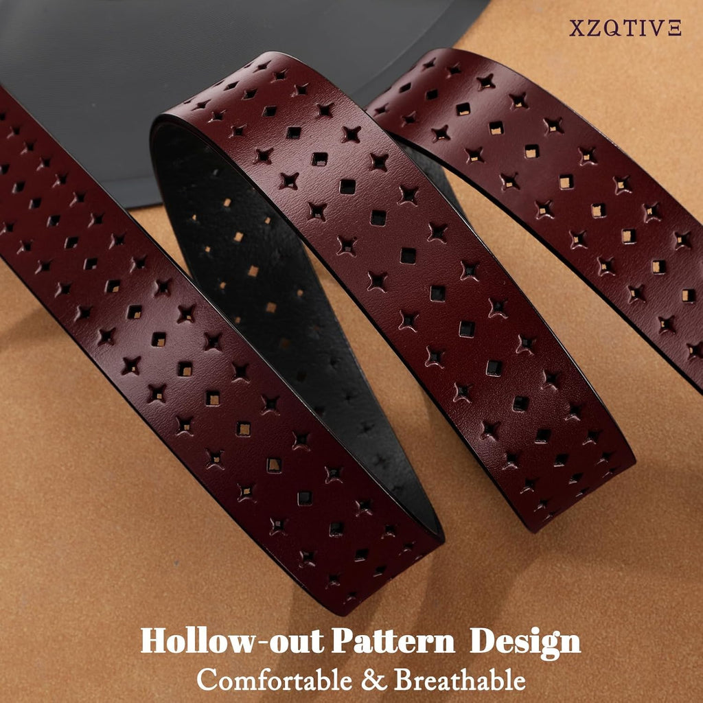 XZQTIVE Hollow Genuine Leather Belts for Women with Pin Buckle, Fashion Casual Waist Belt for Jeans Dress Pants