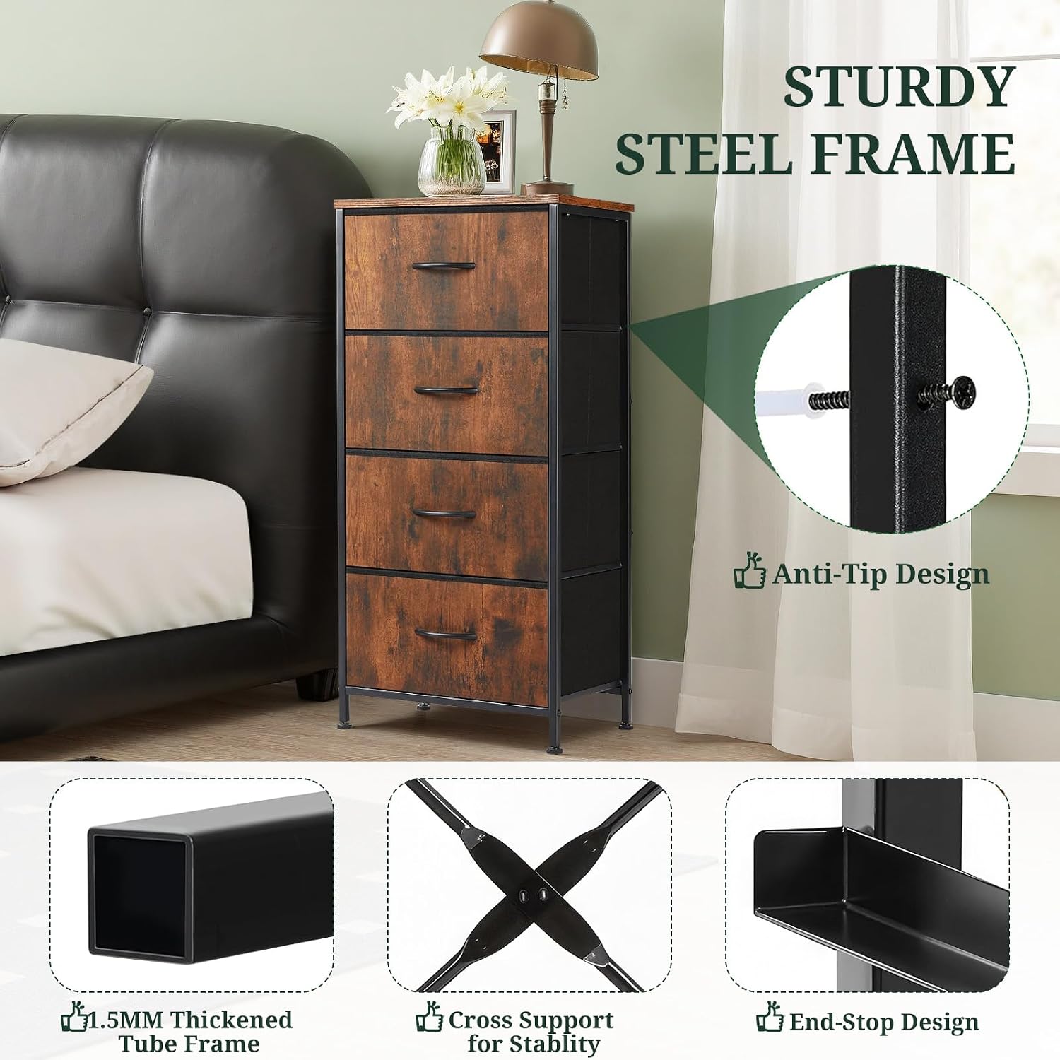 4 Drawers Dresser For Bedroom Fabric Storage Tower With Wooden Top | Steel Frame Tall Chest Of Drawers For Closet, Entryway, Dorm, Brown