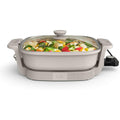 Bella Make & Take Electric Skillet, Fits-Anywhere™ Kitchenware, Evergood™ Ceramic Coating, Adjustable Temperature & Dishwasher-Safe Tempered Glass Lid, Cast Aluminum Base, 1200 Watt, Oatmilk