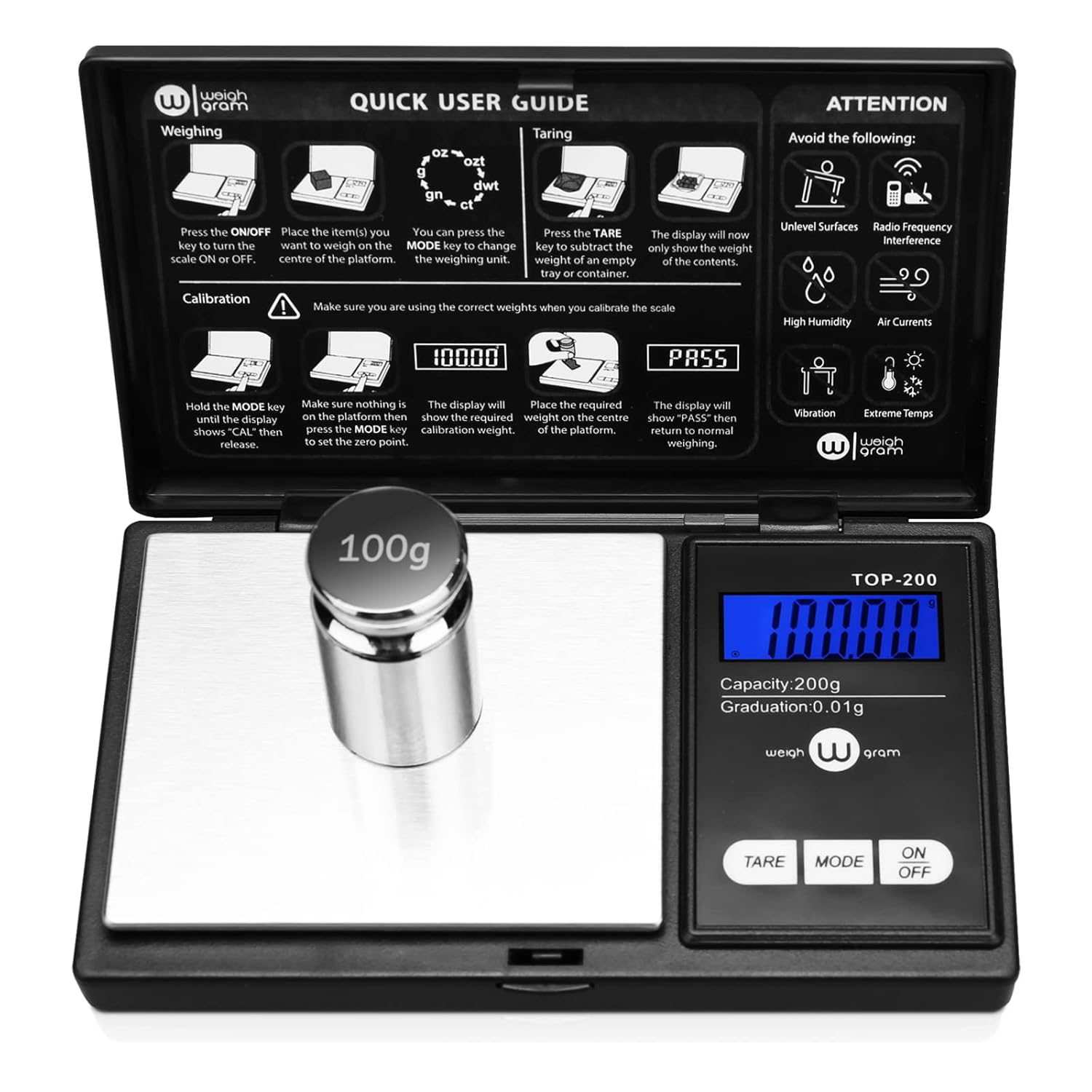 200G Digital Pocket Gram Scale 0.01G Accuracy, 200G X 0.01G Mini Digital Grams Scale, Small Food Scale, Jewelry Scale, Ounces Grains Scale With100G Calibration Weight