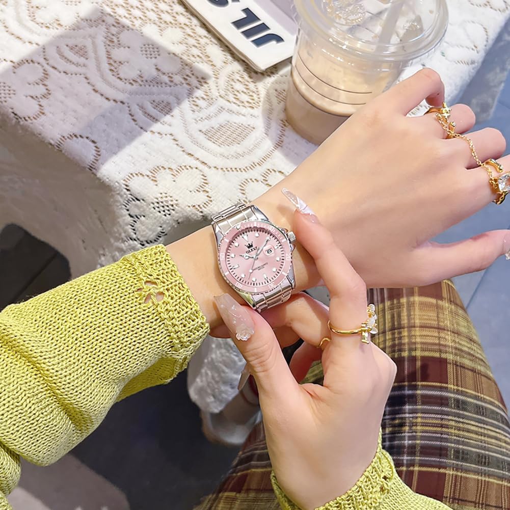 Olevs Womens Watch Classic Dress Number Female Watches For Ladies Analog Quartz Stainless Steel Waterproof Luminous Day Date Two Tone Easy To Read Wristwatch
