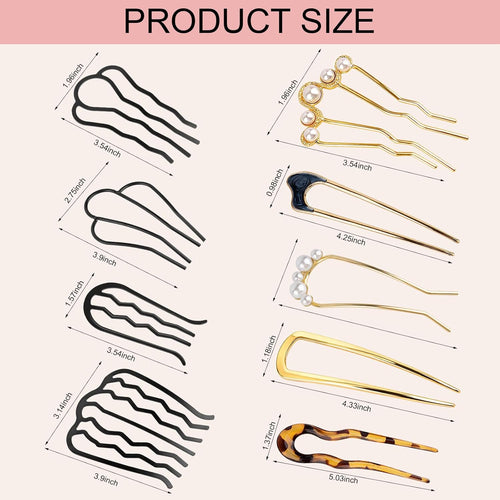 12 PCS Metal Hair Side Combs and U-Shaped French Hair Pins for Women, Hair Fork Clip French Twist Hair Pins for Bun and Updo Hair Styling Pins, Hair Accessories for All Hair Type