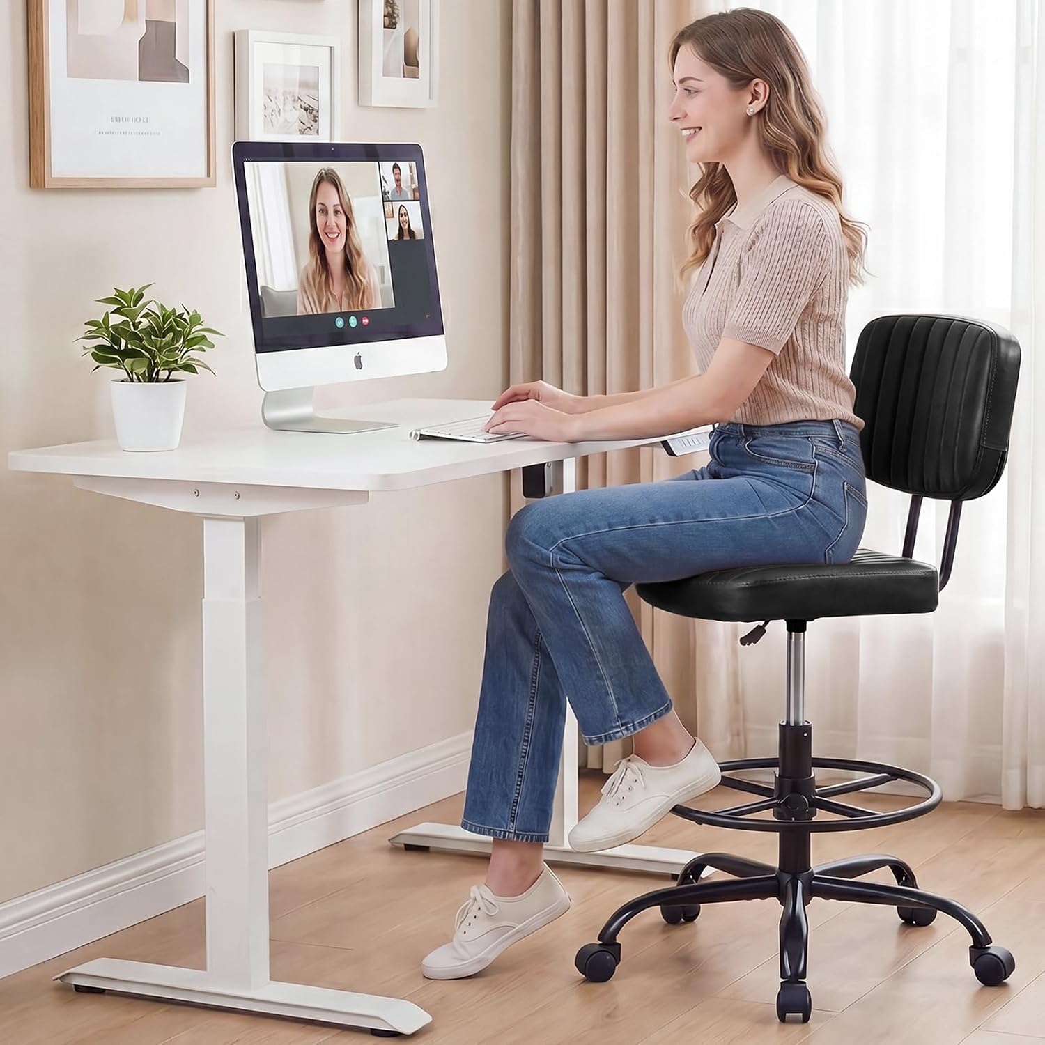 Dumos Armless Drafting Chair, Low Back Office Seat With Adjustable Footrest Ring For Standing Desk, Ergonomic Pu Leather Office Seating, Swivel Rolling High Stool For Studio, Lab, Counter, Black