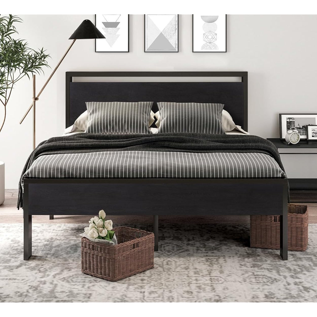 Sha Cerlin 14 Inch Queen Size Metal Platform Bed Frame With Wooden Headboard And Footboard, Mattress Foundation, No Box Spring Needed, Large Under Bed Storage, Non-Slip Without Noise, Black Oak