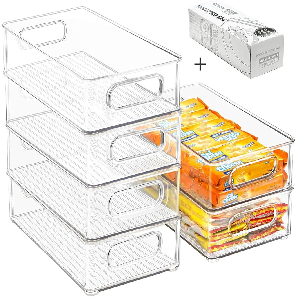 Stackable Refrigerator Organizer Bins, 6 Pack Clear Kitchen Organizer Container Bins With Handles And 20 Pcs Plastic Bags For Pantry, Cabinets, Shelves, Drawer, Freezer - Food Safe, Bpa Free 10"L
