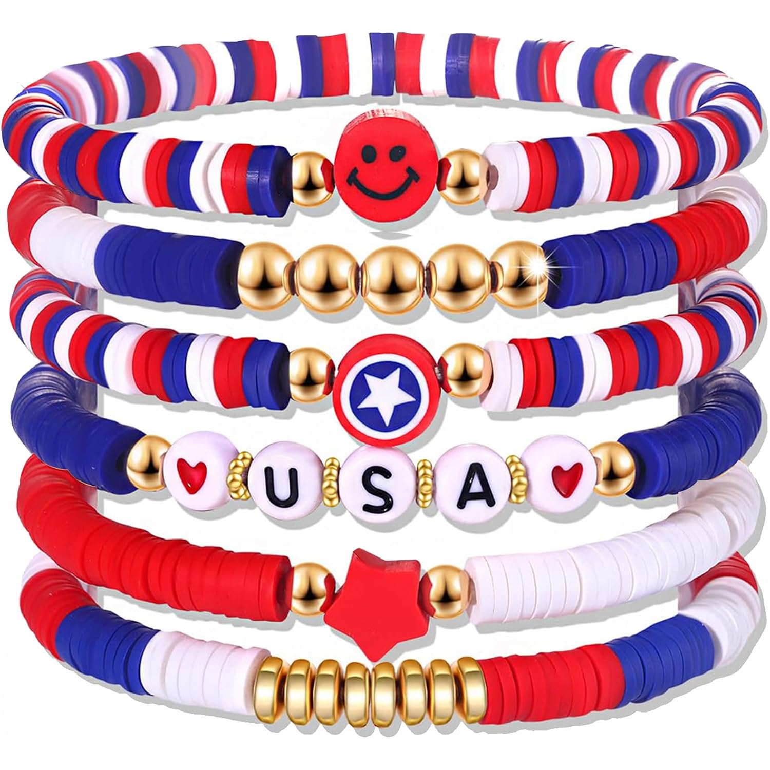OHOME 4th of July Outfits for Women - 6 Pack Patriotic Bracelets | Fourth of July Decorations Accessories Shirts for Memorial Day Decorations - 250 Anniversary America Merchandise USA for Women