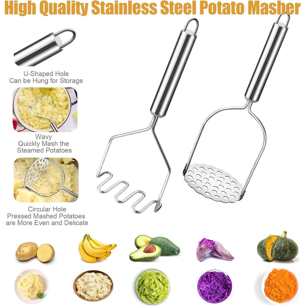 2 Pcs Potato Smasher, Mashed Potato Masher, Stainless Steel Masher Kitchen Tool For Avocado, Bean, Fruit, Vegetables, Food
