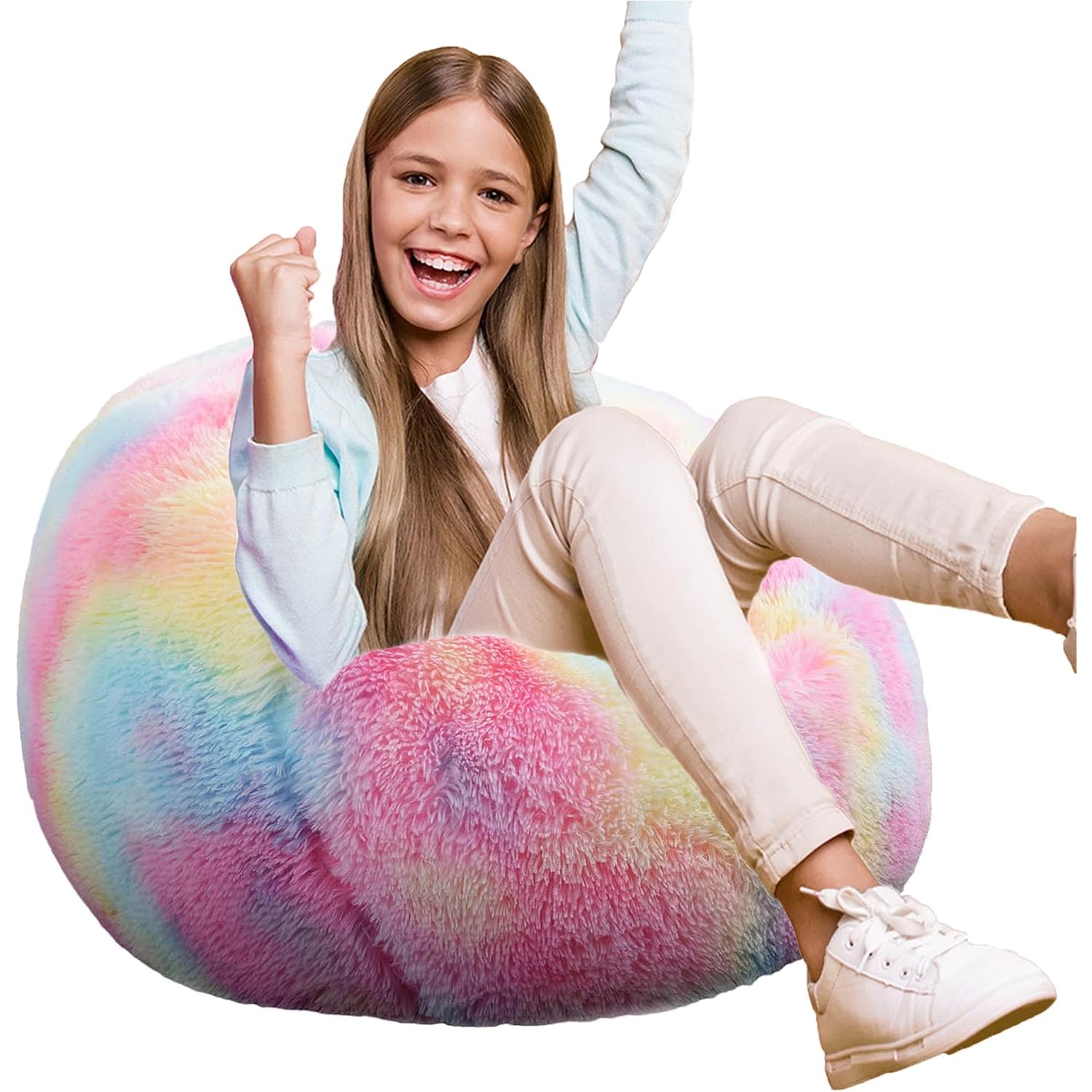 Fluffy Bean Bag Chair For Kids, 2.5Ft Round Memory Foam Filled Bean Bag For Teens & Kids, Ultra Soft Faux Fur Fabric Bean Bag Chairs For Playroom, Living Room, Bedroom, Rainbow