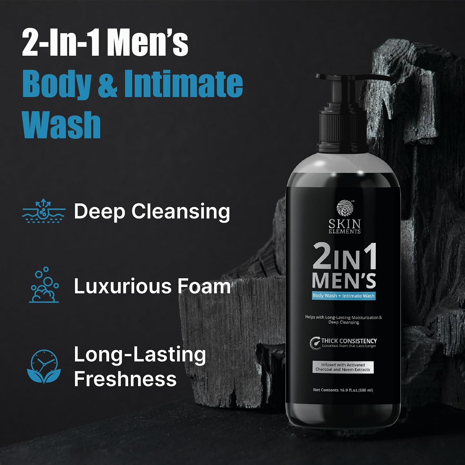 Skin Elements 2-In-1 Body Wash & Intimate Wash For Men| Deep Cleansing Shower Gel| Infused With Activated Charcoal & Neem Extracts| Thicker Consistency | Controls Odor| All Skin Types | 16.9 Fl Oz