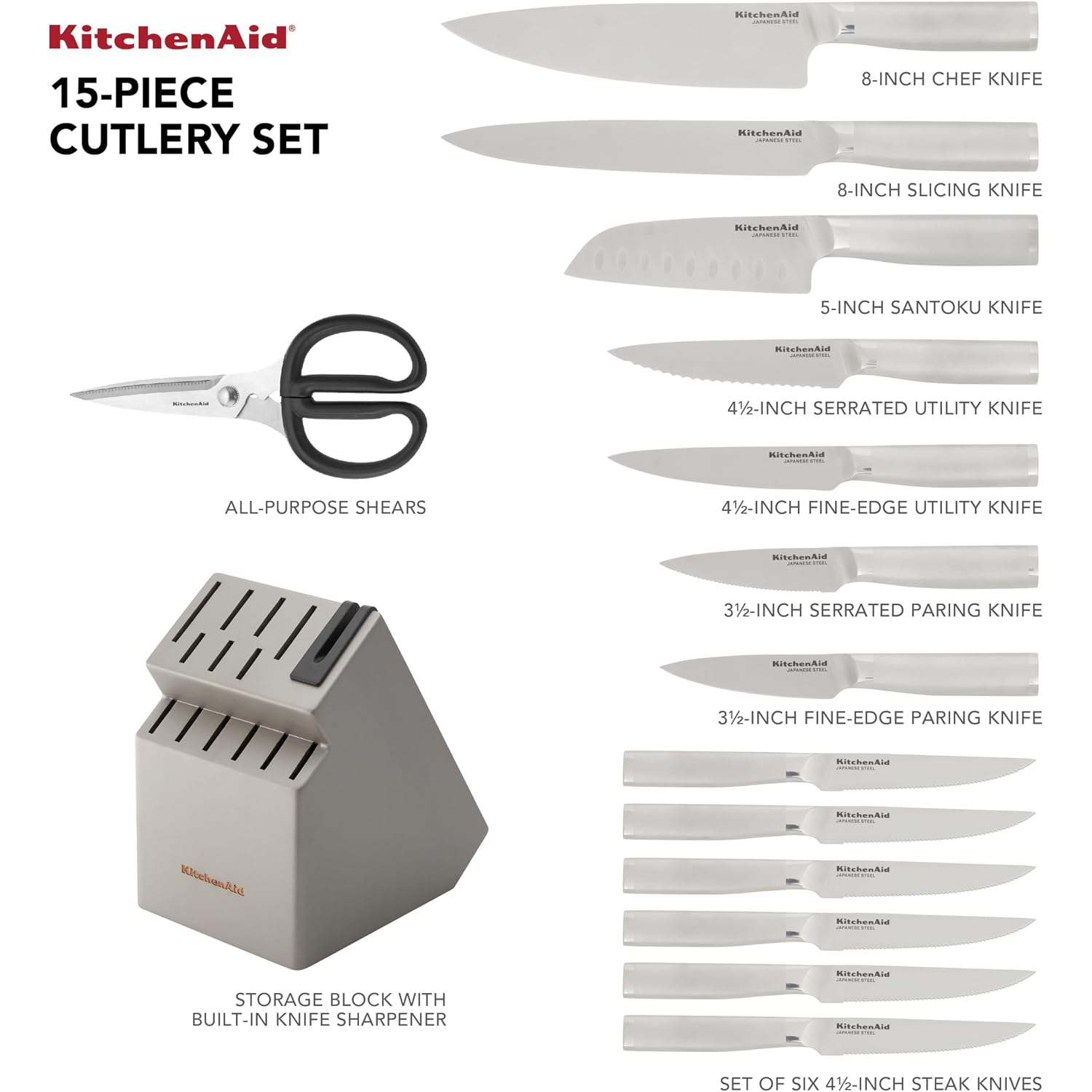 Kitchenaid Gourmet Knife Block Set With Built-In Sharpener, 15-Piece, Stainless Steel