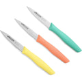 Arcos Paring Knife Set of 3 Pieces 4 Inch Stainless Steel. Colorful Kitchen Knives for Peeling Fruits and Vegetables. Ergonomic Polypropylene Handle. Series Nova. Color Orange, Yellow and Blue.