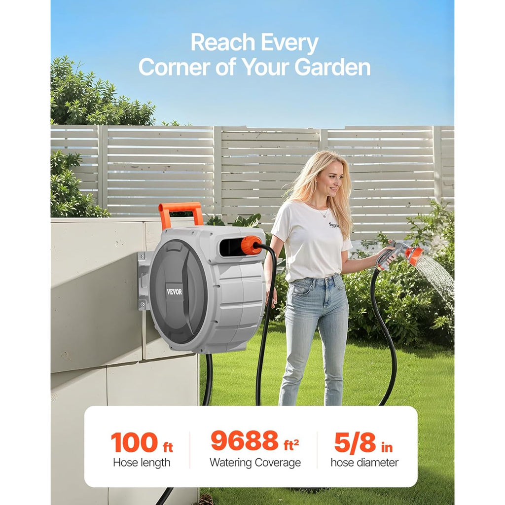Vevor Retractable Garden Hose Reel, 5/8 Inch X 100 Ft Wall Mounted Hose Reel, Heavy Duty Garden Hose Reel With 9 Patterns Nozzle, Any Length Lock, Upgraded Slow Return System And 180°Swivel Bracket