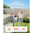 Vevor Retractable Garden Hose Reel, 5/8 Inch X 100 Ft Wall Mounted Hose Reel, Heavy Duty Garden Hose Reel With 9 Patterns Nozzle, Any Length Lock, Upgraded Slow Return System And 180°Swivel Bracket