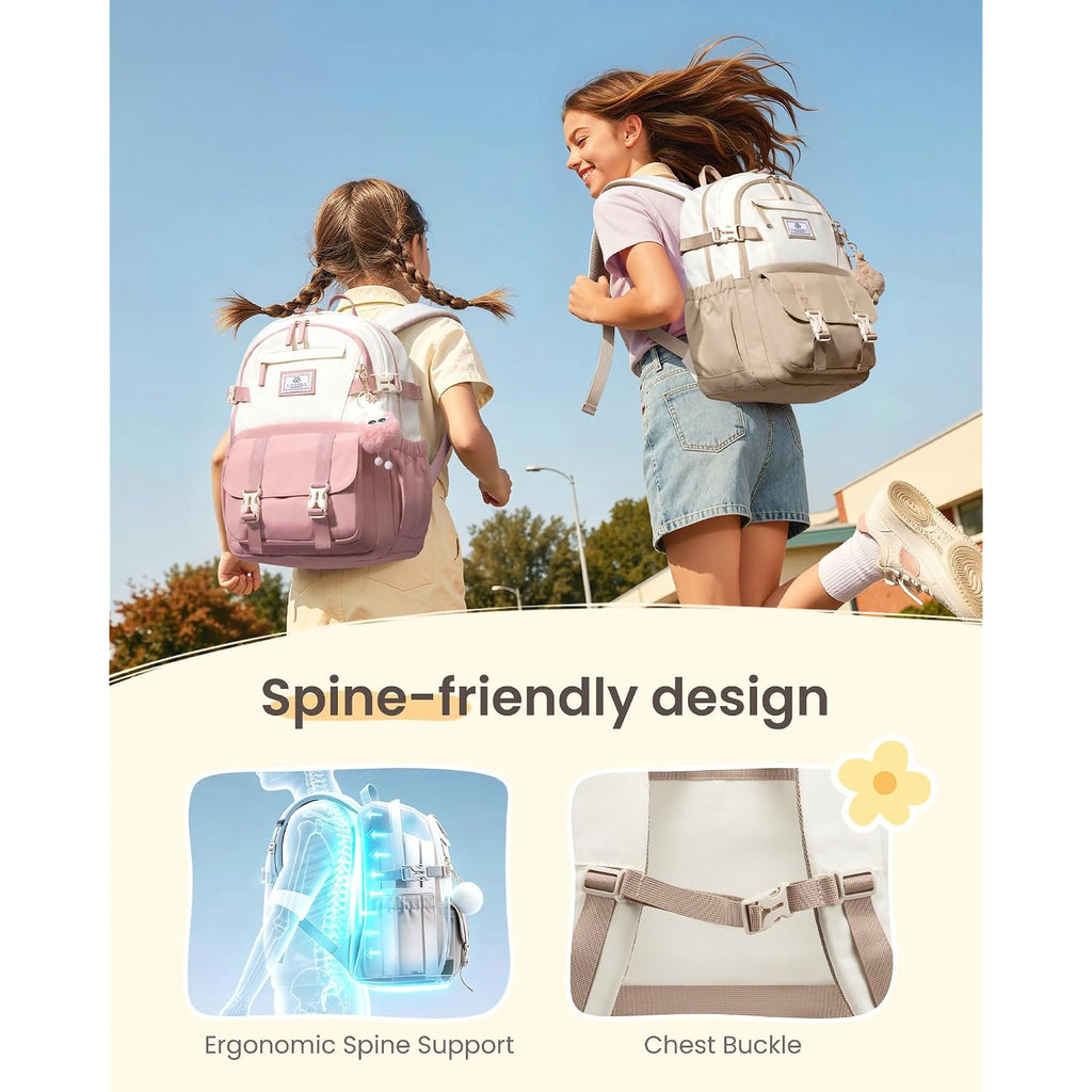Lovevook School Backpack For Teen Girls, Bookbag For 8-16 Student, Middle High College Back To School Cute Kids Backpack, 15.6 Inch, Khaki-Beige