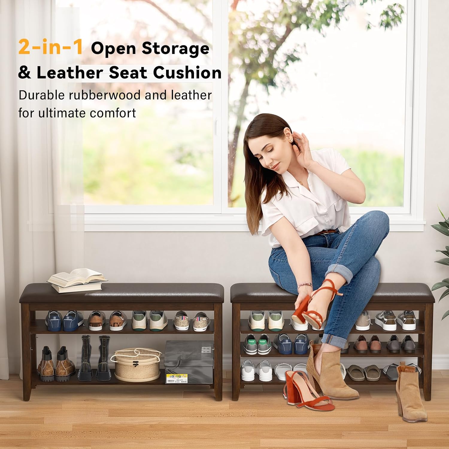 Shoe Rack Bench Entryway Storage With Leather Cushion, Shoe Organizer Bench For Entryway, Ideal For Front Doors Entrances Hallway Mudroom Featuring Rubberwood And 3 Height-Adjustable Removable Shelve