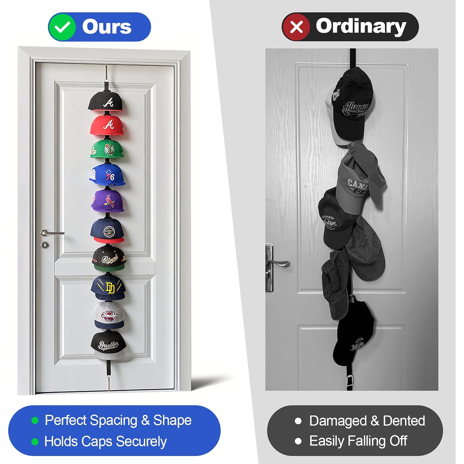 Hat Rack For Door - Two-Way Hanging Caps With Display Hooks And Hanger, Hat Organizer For Baseball Caps, Over The Door Hat Storage Organizer For Bedroom, Entrance Or Garage Doors - 1 Pack