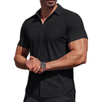Coofandy Mens Muscle Fit Dress Shirts Stretch Wrinkle Free Short Sleeve Button Down Shirt Casual Solid Untucked Shirt