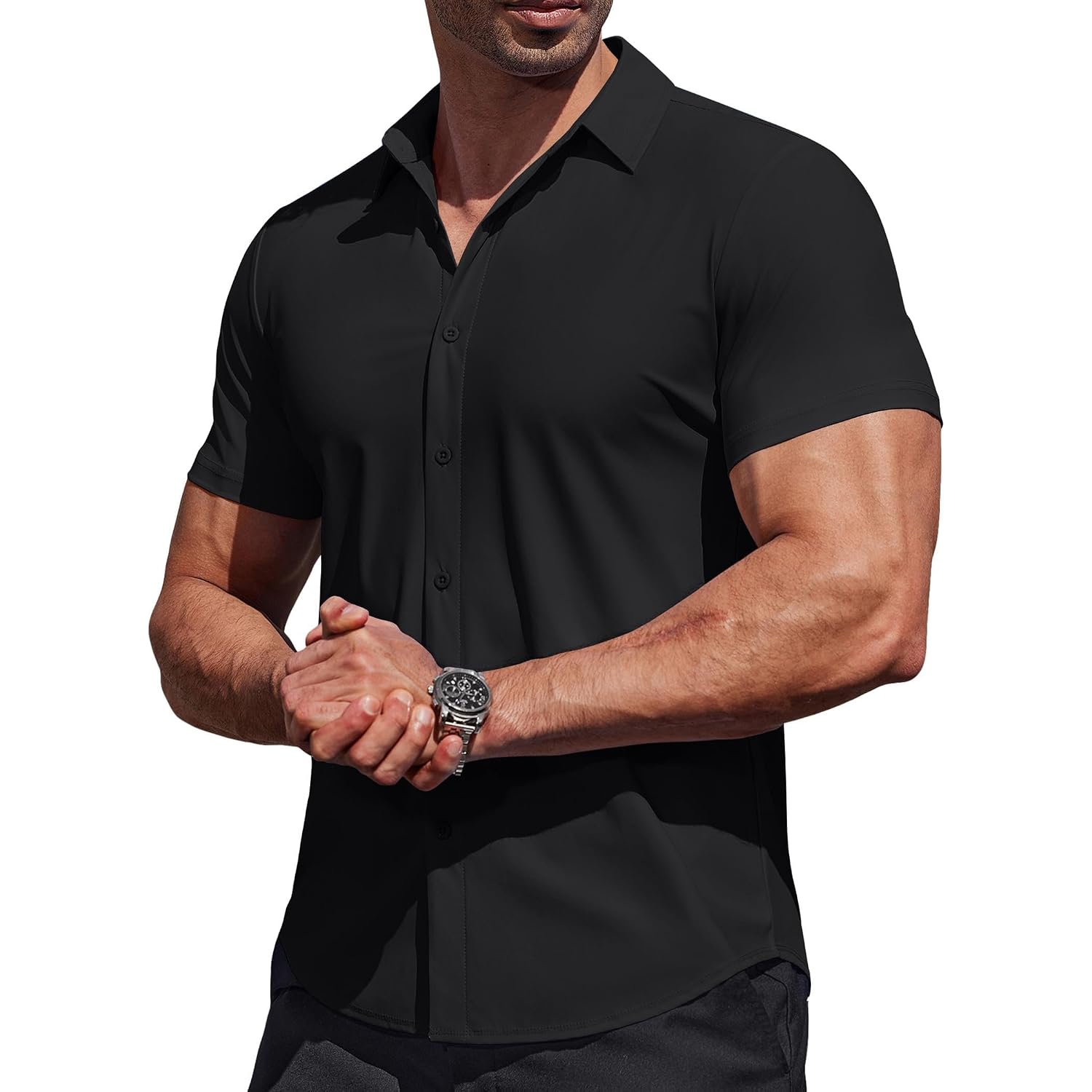 Coofandy Mens Muscle Fit Dress Shirts Stretch Wrinkle Free Short Sleeve Button Down Shirt Casual Solid Untucked Shirt