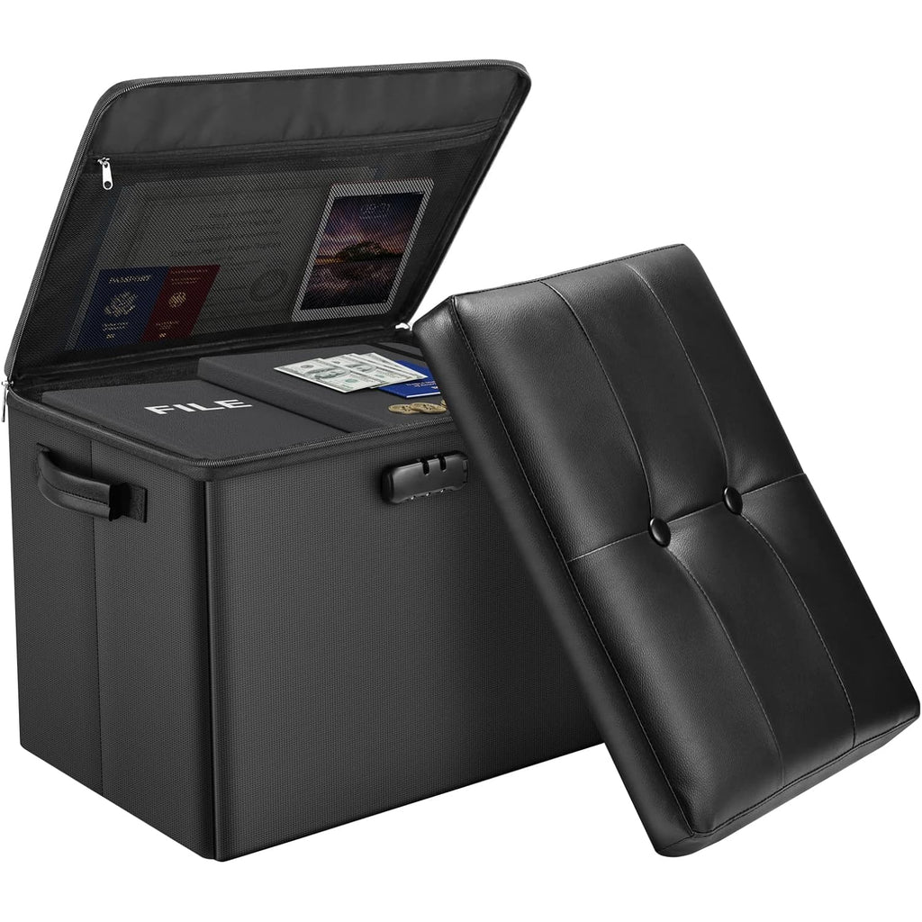 Docsafe Storage Ottoman With Lock,Fireproof Folding Ottoman Foot Rest Stool Storage Chest With Storage Safe For Important Documents,Waterproof 17 Inches Short Ottoman Foot Stool With Handles,Black
