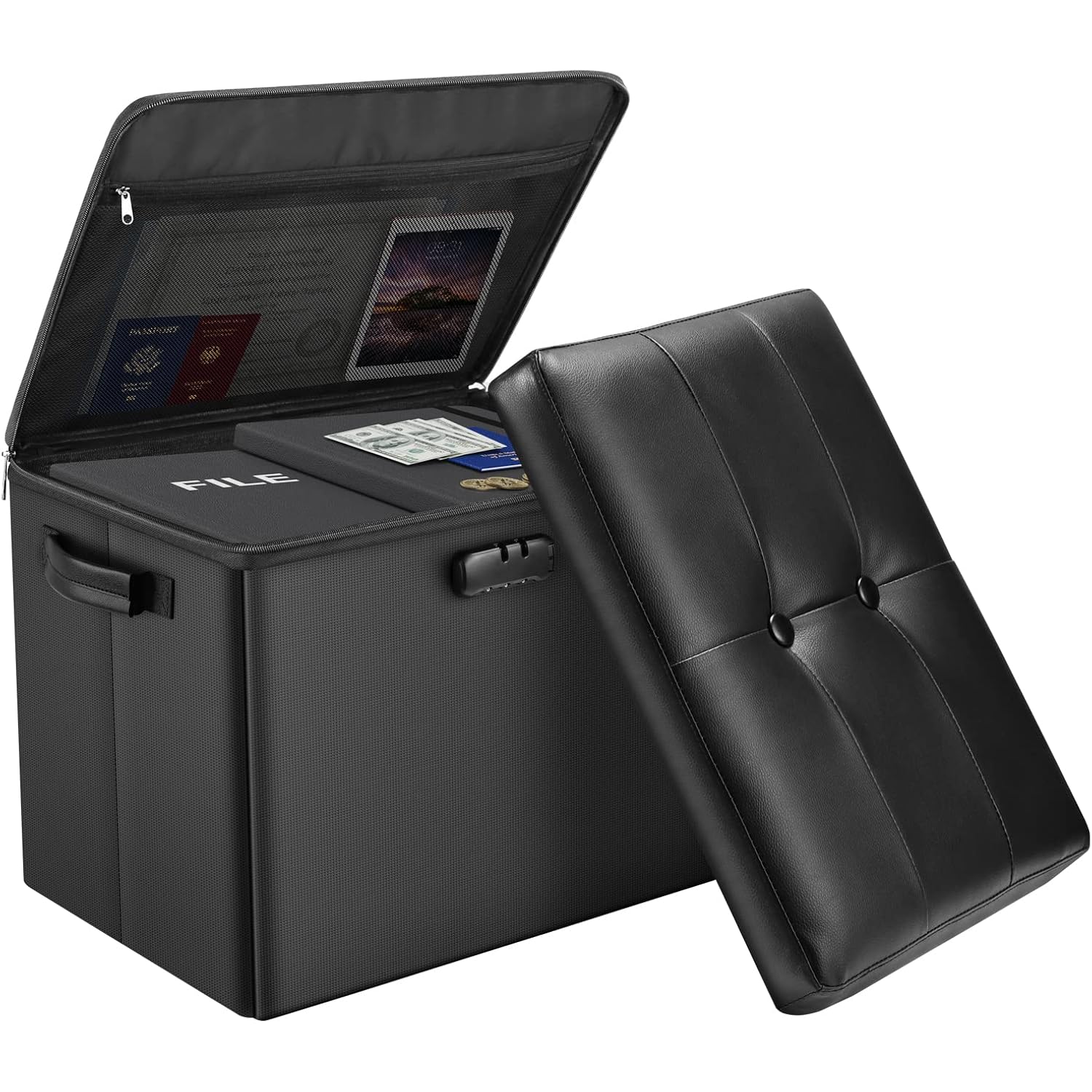 Docsafe Storage Ottoman With Lock,Fireproof Folding Ottoman Foot Rest Stool Storage Chest With Storage Safe For Important Documents,Waterproof 17 Inches Short Ottoman Foot Stool With Handles,Black