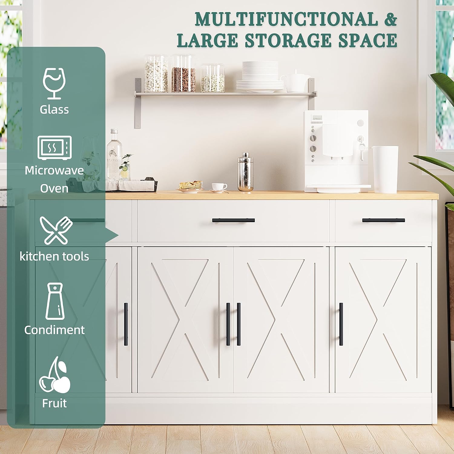 Shintenchi Buffet Cabinet With Storage,53.4" Large Kitchen Storage Cabinet With 3 Drawers And 4 Doors,Wood Farmhouse Buffet Sideboard With Adjustable Shelf For Kitchen Living Room, White