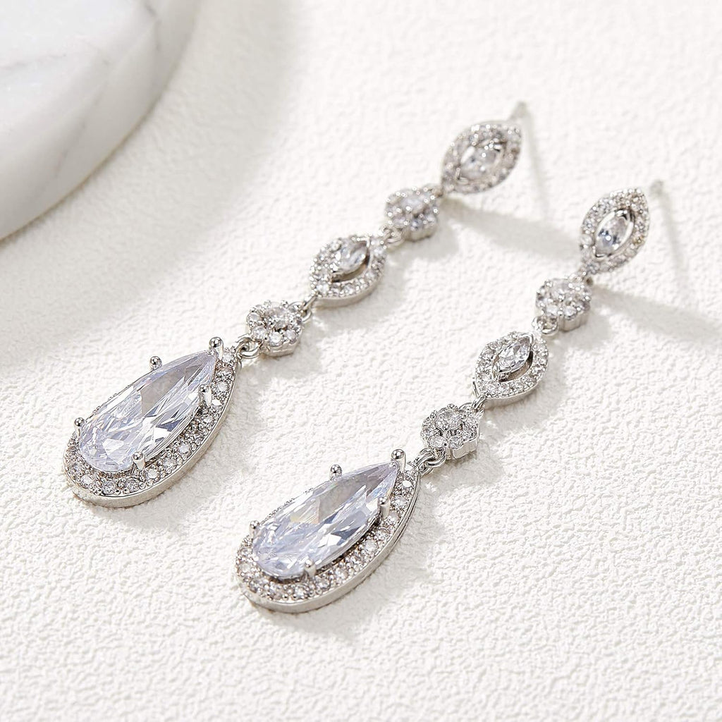 SWEETV Long Pear-Shaped Rose Gold Wedding Birdal Earrings for Brides, Bridesmaids, Crystal Chandelier Dangle Drop Earrings for Women Prom