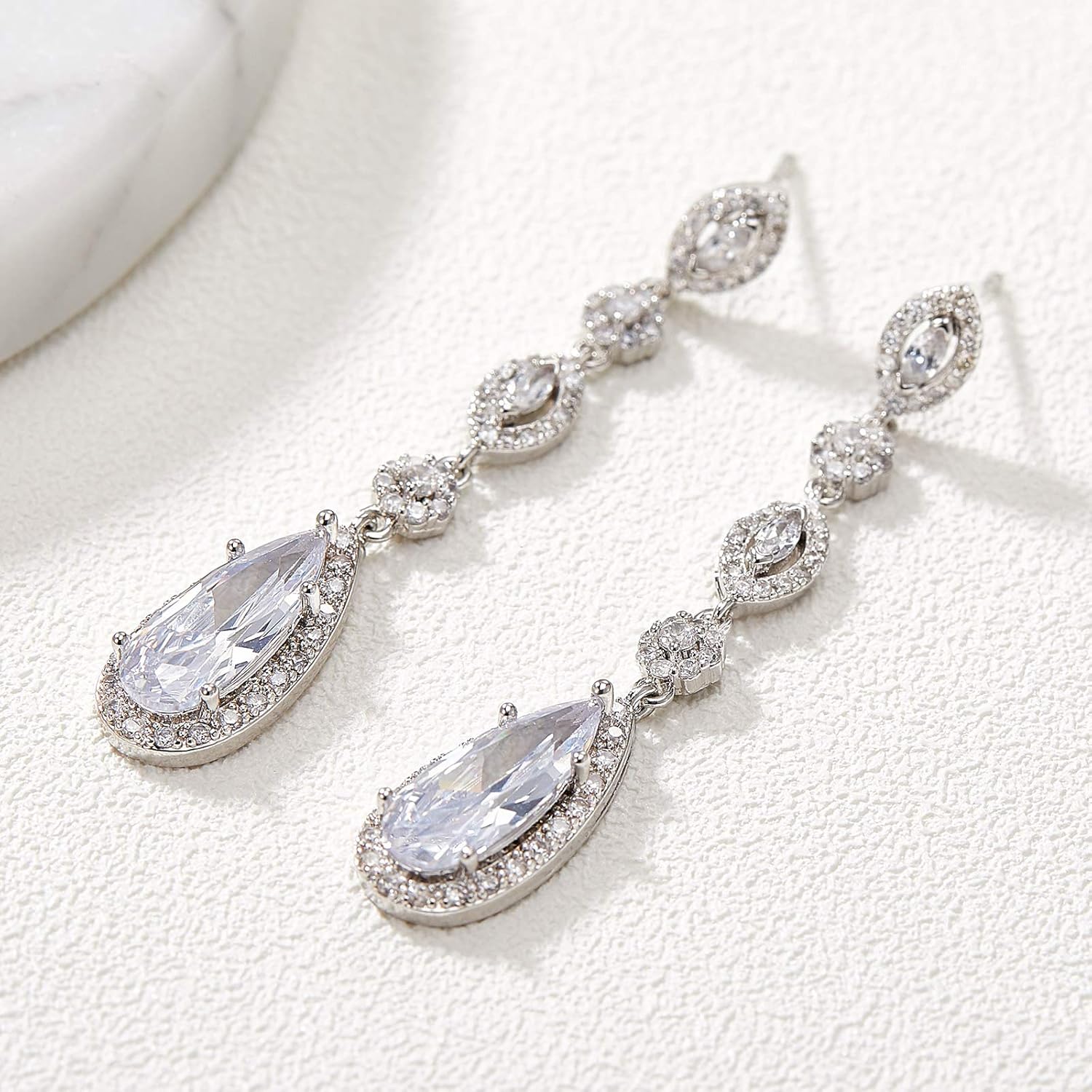 SWEETV Long Pear-Shaped Rose Gold Wedding Birdal Earrings for Brides, Bridesmaids, Crystal Chandelier Dangle Drop Earrings for Women Prom