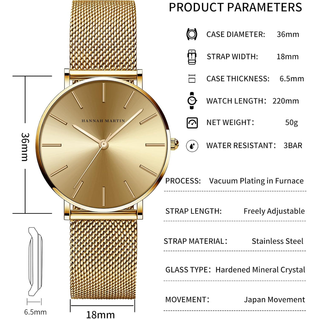 Hannah Martin Watches For Women Analog Women'S Watch With Stainless Steel Expansion Band Minimalist Slim Dial 30M Waterproof Ladies Dress Wristwatch For Casual Daily Business