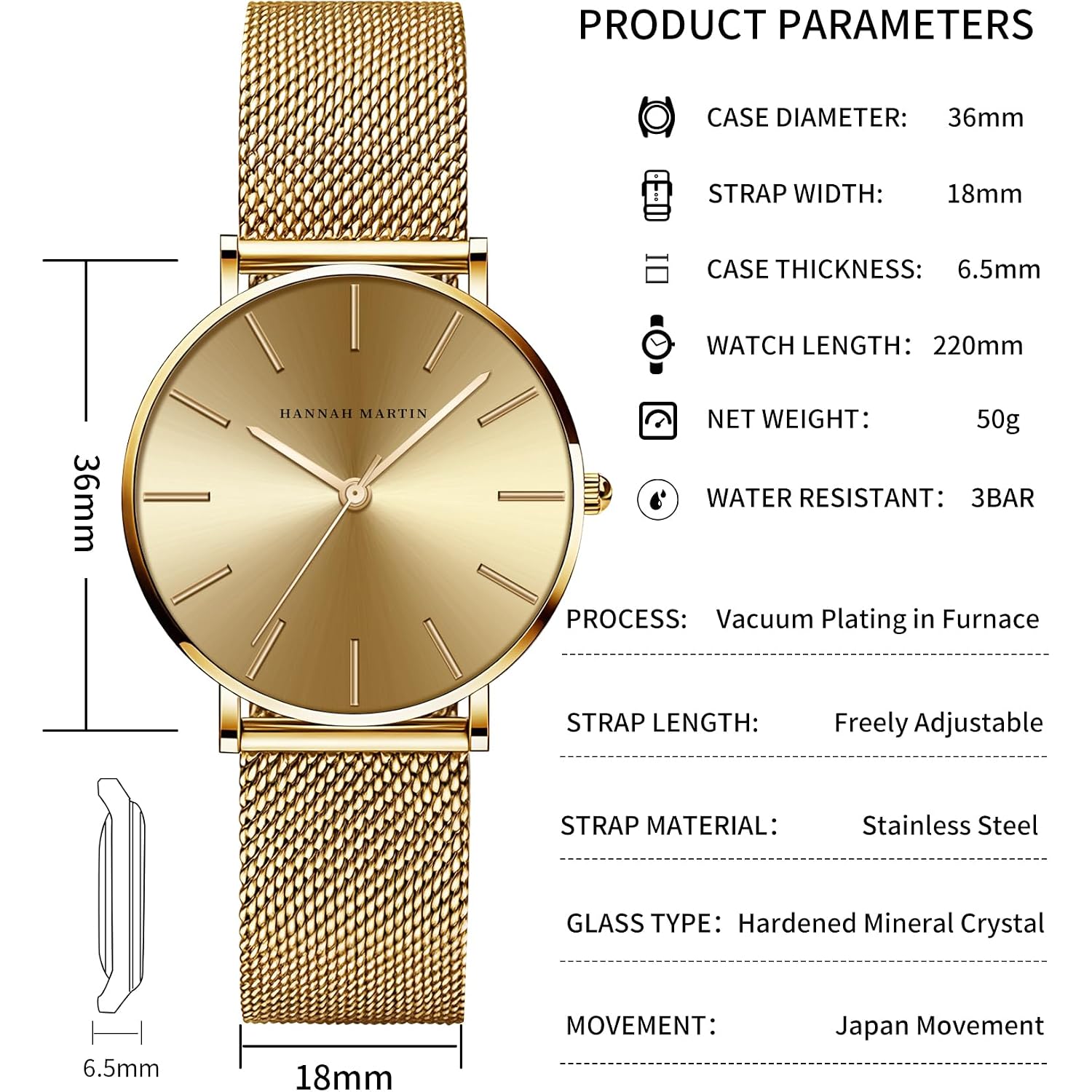 Hannah Martin Watches For Women Analog Women'S Watch With Stainless Steel Expansion Band Minimalist Slim Dial 30M Waterproof Ladies Dress Wristwatch For Casual Daily Business