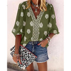 CHICME Women's Casual V Neck Blouse Floral Boho Summer Tops Lantern Sleeve Loose Fit Tunics Flowy Vacation Clothes
