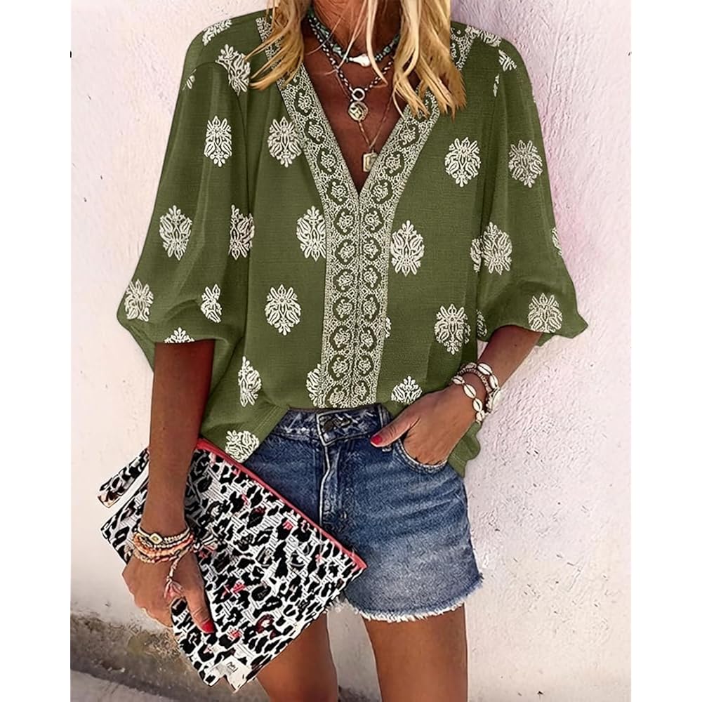 CHICME Women's Casual V Neck Blouse Floral Boho Summer Tops Lantern Sleeve Loose Fit Tunics Flowy Vacation Clothes