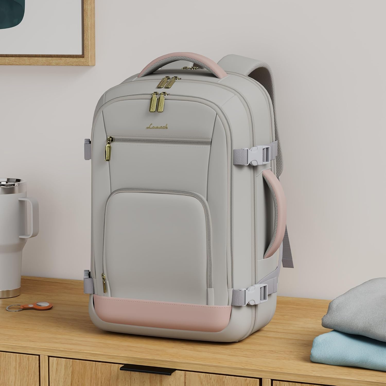 Lovevook Travel Backpack For Women, 40L Carry On Backpack Flight Approved, Tsa Personal Item Travel Bag Fits 17 Inch Laptop, Business Weekender Overnight Waterproof Daypack With 2 Cubes, Grey-Pink